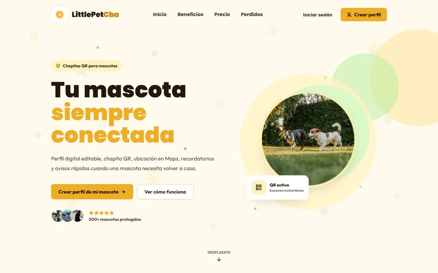 Página de inicio de LittlePetCba con el título "Tu mascota siempre conectada".